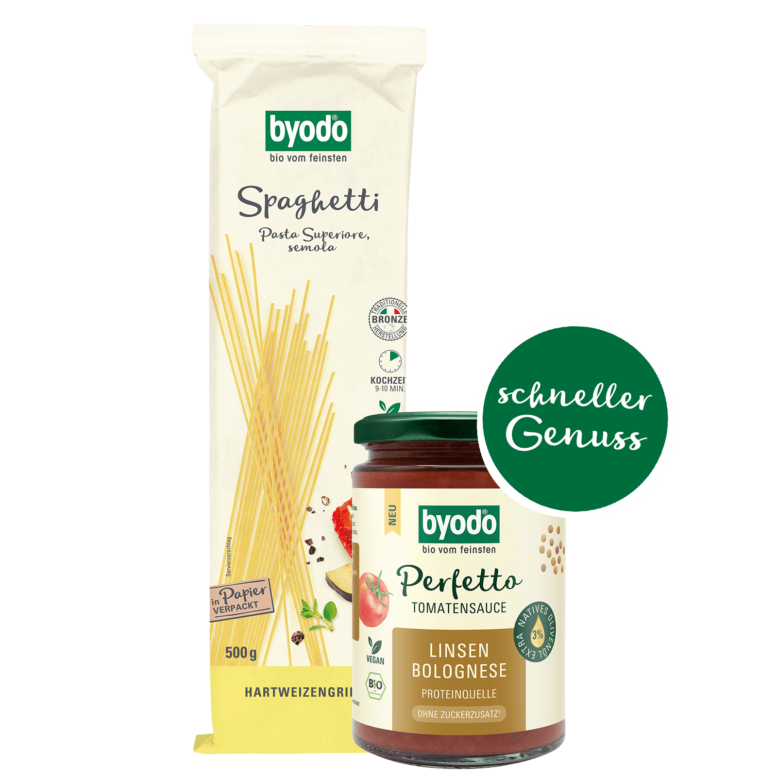 Bio-Bundle aus Spaghetti und Tomatensauce Linsen Bolognese